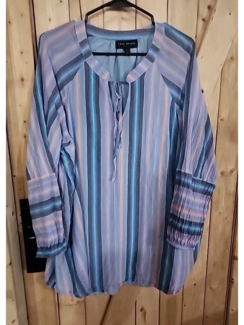 Lane Bryant Striped Sheer Puff Sleeves V Neck Tie Tunic Sz 20 Blue Purple Peach